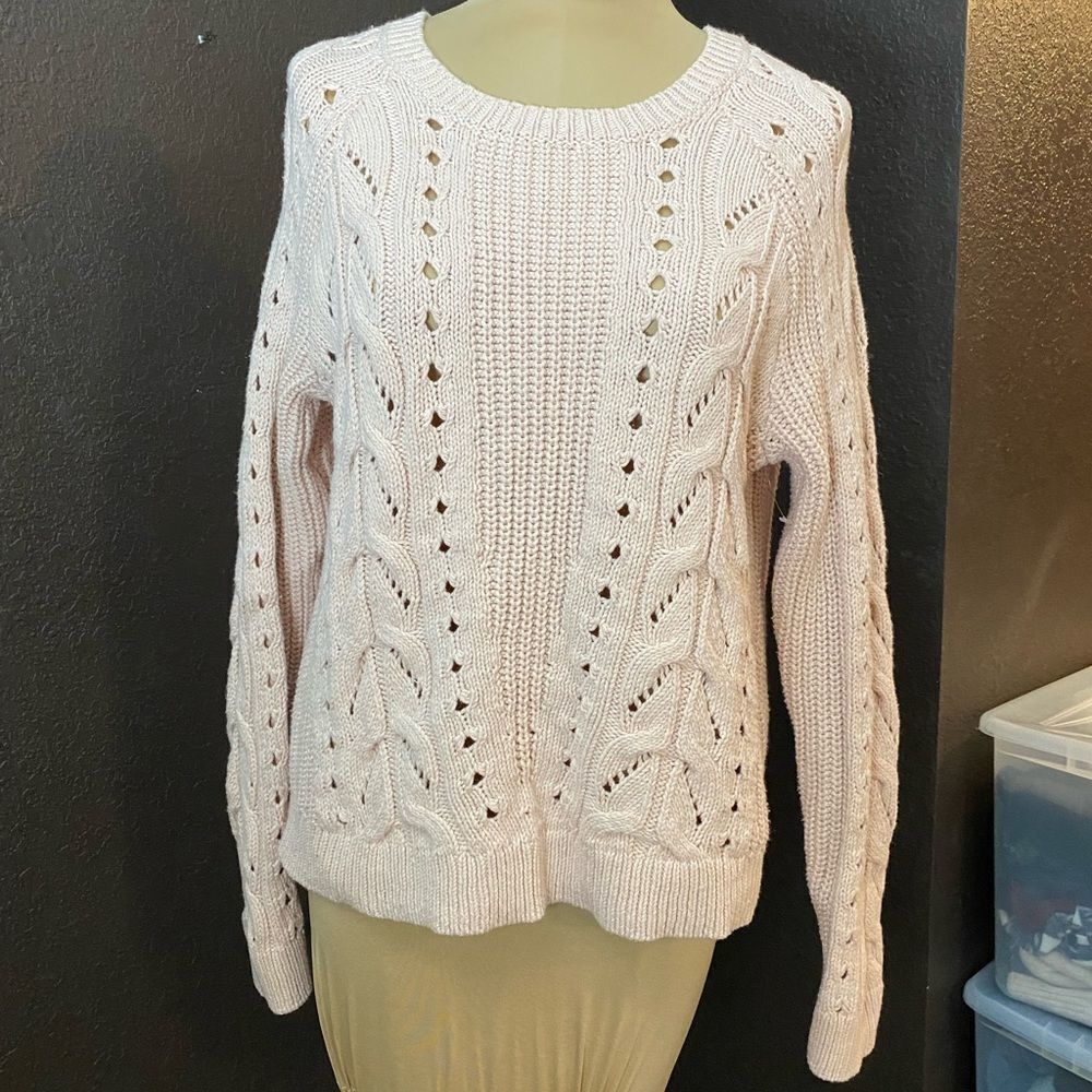 Lucky Brand Women's Medium Chunky Cable Knit Light Pink Pullover Sweater